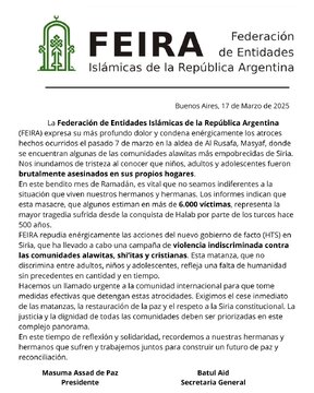 Comunicado de FEIRA en relación a los brutales asesinatos llevados a cabo en Siria por parte del HTS