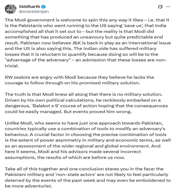 مودی نے انتخابی فائدے کےلیے جنگی بیانیے پر انحصار کیا، بھارتی صحافی سدھارتھ وردراجن