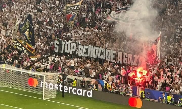 PSG fans raise banner in Champions League final, demanding end to Gaza genocide