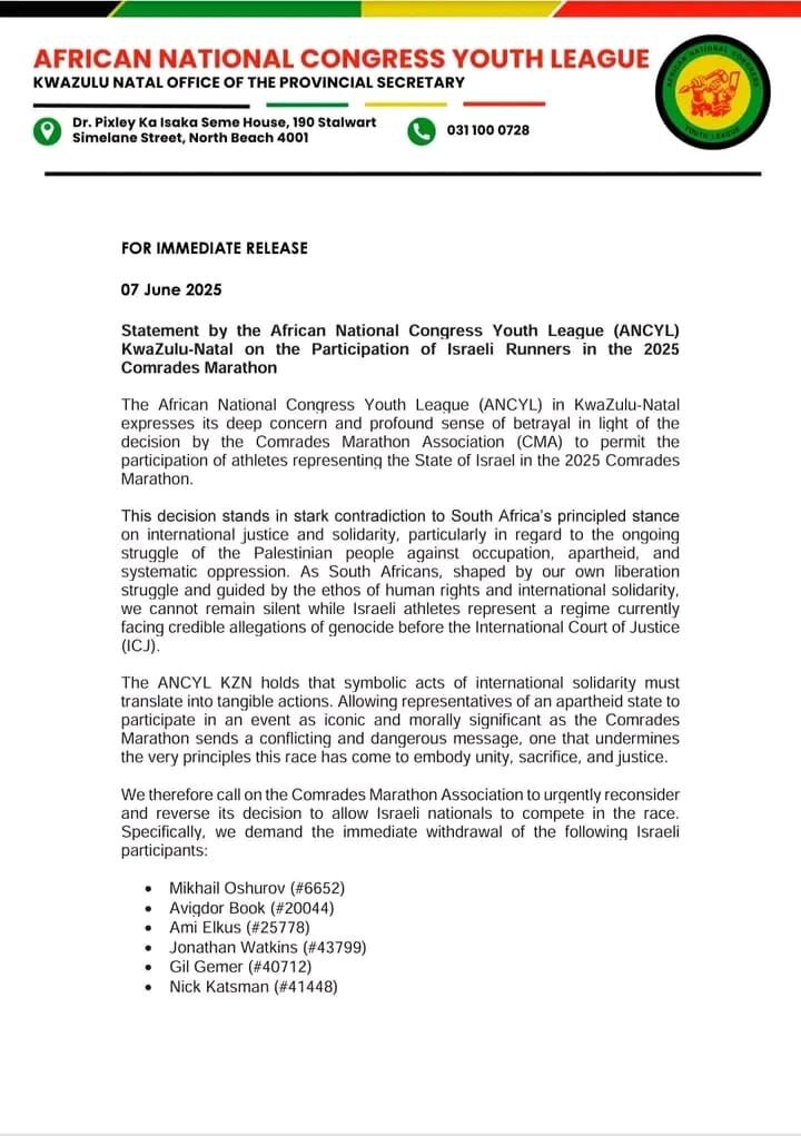 KZN ANC Youth League demands removal of Israeli runners from Comrades Marathon