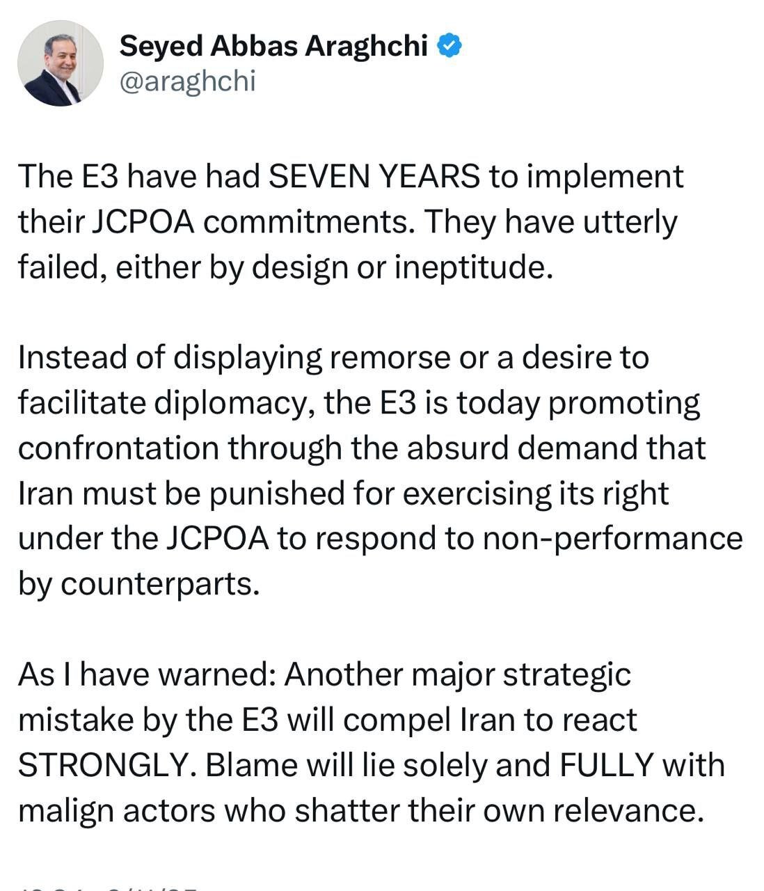 هشدار وزیر خارجه ایران : سه کشور اروپایی باید از اشتباهات خود درس بگیرند / اروپا باید به دیپلماسی بازگردد