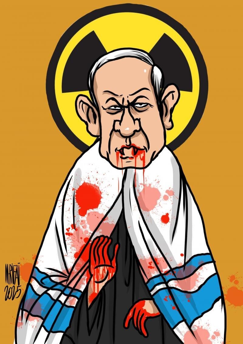 Cartoon: Netanyahu – Tallit, nuclear core, and vampire