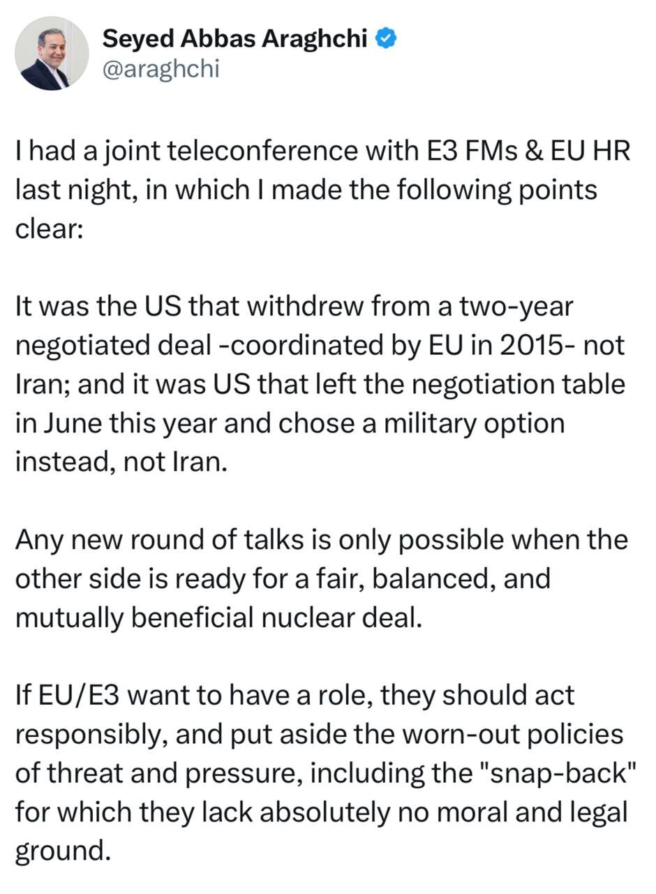 اگر اتحادیه اروپا و سه کشور اروپایی میخواهند نقشی ایفا کنند، باید مسئولانه رفتار کنند