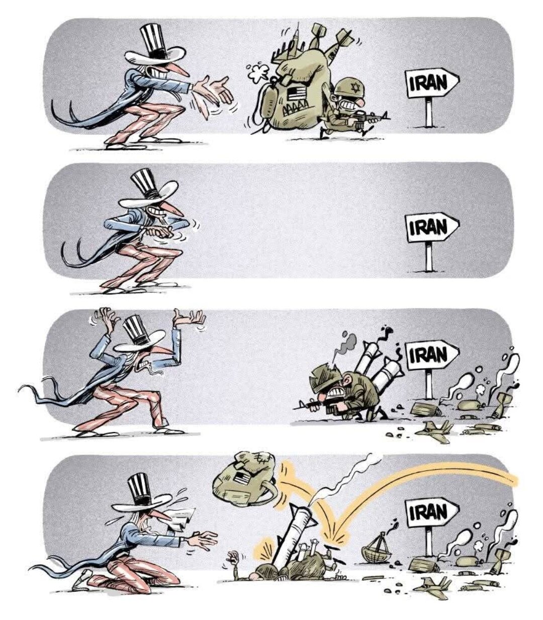 Katuni ikionyesha "Shambulizi dhidi ya Iran: Jinsi Lilivyoanza na Jinsi Lilivyomalizika!"