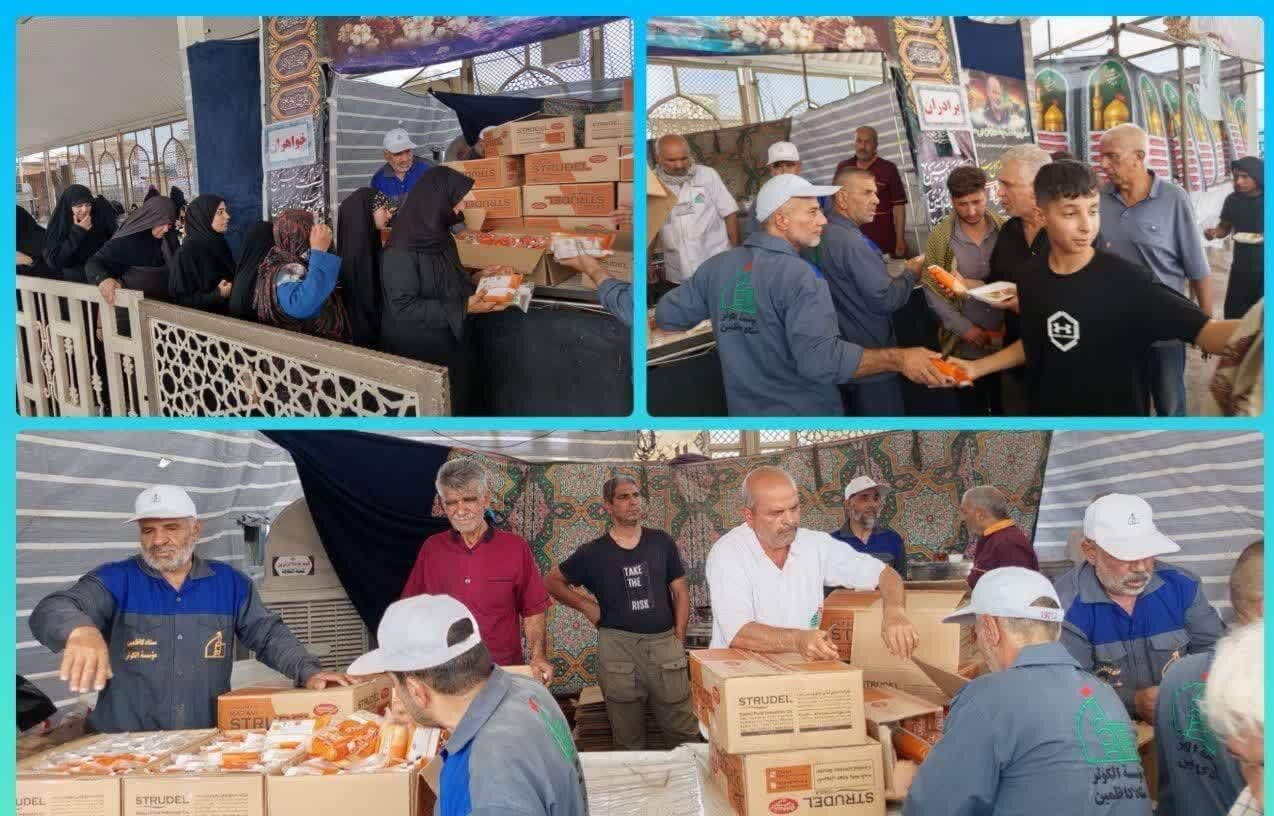 توزیع هدایا العتبة الرضویة المقدسة في موکب میقات الرضا(ع) في مدینة الکاظمیة