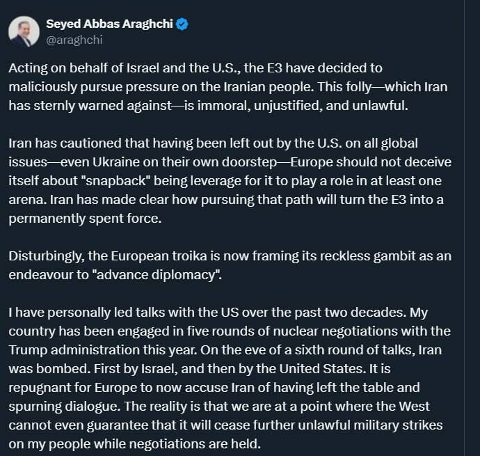 یورپ سنیپ بیک میکانزم کے وہم سے دھوکے میں نہ آئے، وہ اب غیر مؤثر قوت بن کر رہ جائے گا، عراقچی