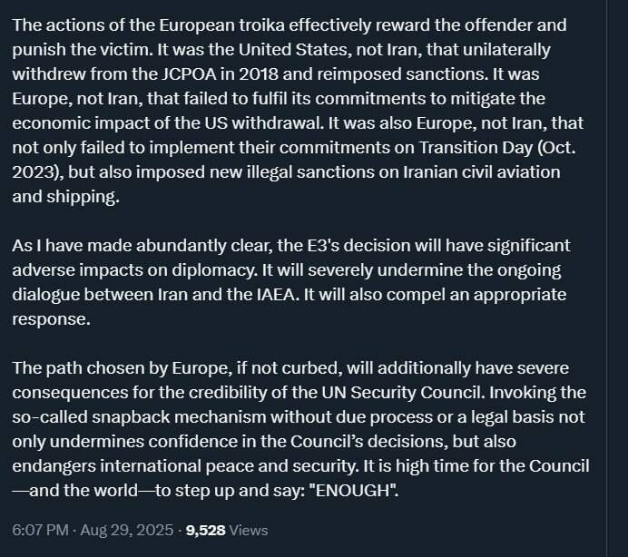 یورپ سنیپ بیک میکانزم کے وہم سے دھوکے میں نہ آئے، وہ اب غیر مؤثر قوت بن کر رہ جائے گا، عراقچی