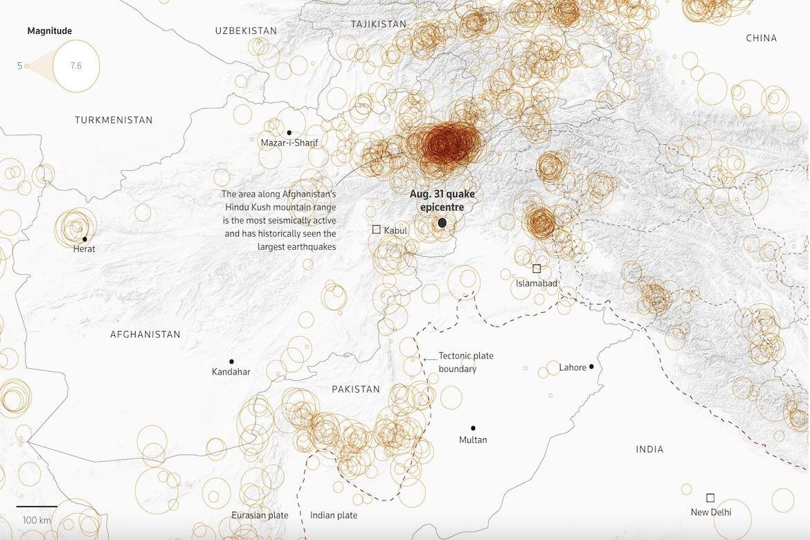 نقشه رویترز از زلزله‌های شرق افغانستان / هندوکش در کانون لرزه‌های مرگبار