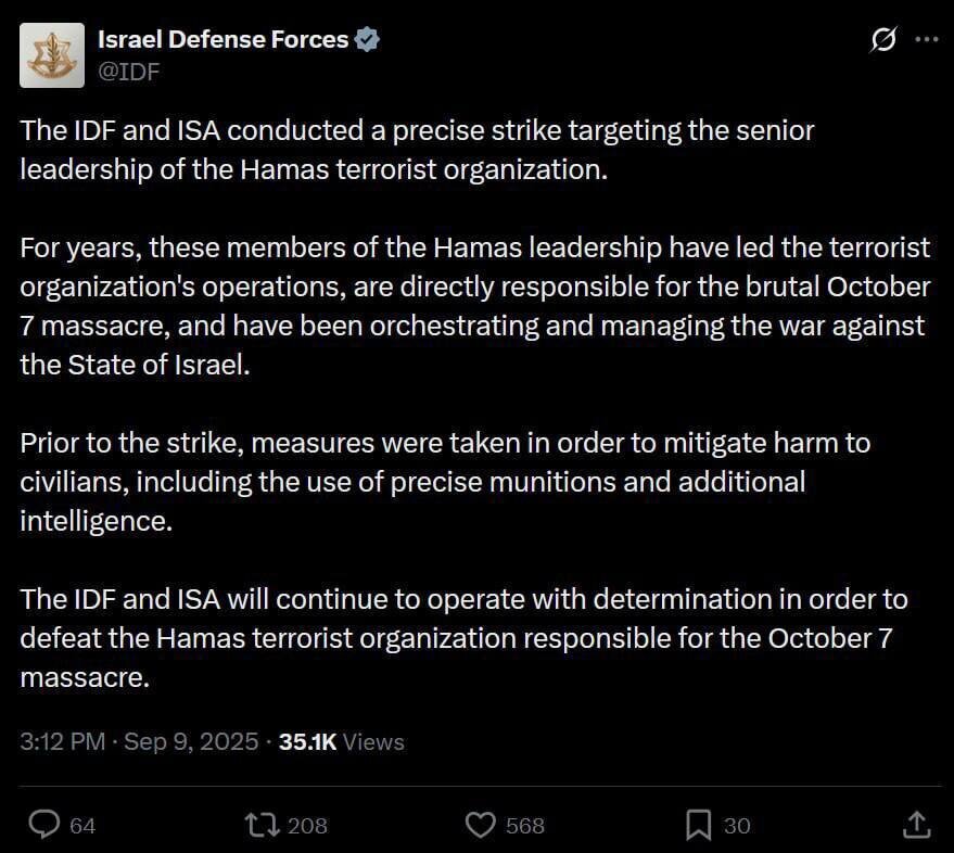 Tentera Israel Secara Rasmi Menuntut Tanggungjawab Atas Serangan di Qatar
