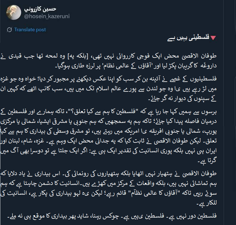 حماس نے 'آقاؤں کا عالمی نظام' ہلا کر رکھ دیا / فلسطین یہیں ہے / چوکس رہنا، شاید یہ آخری موقع ہو