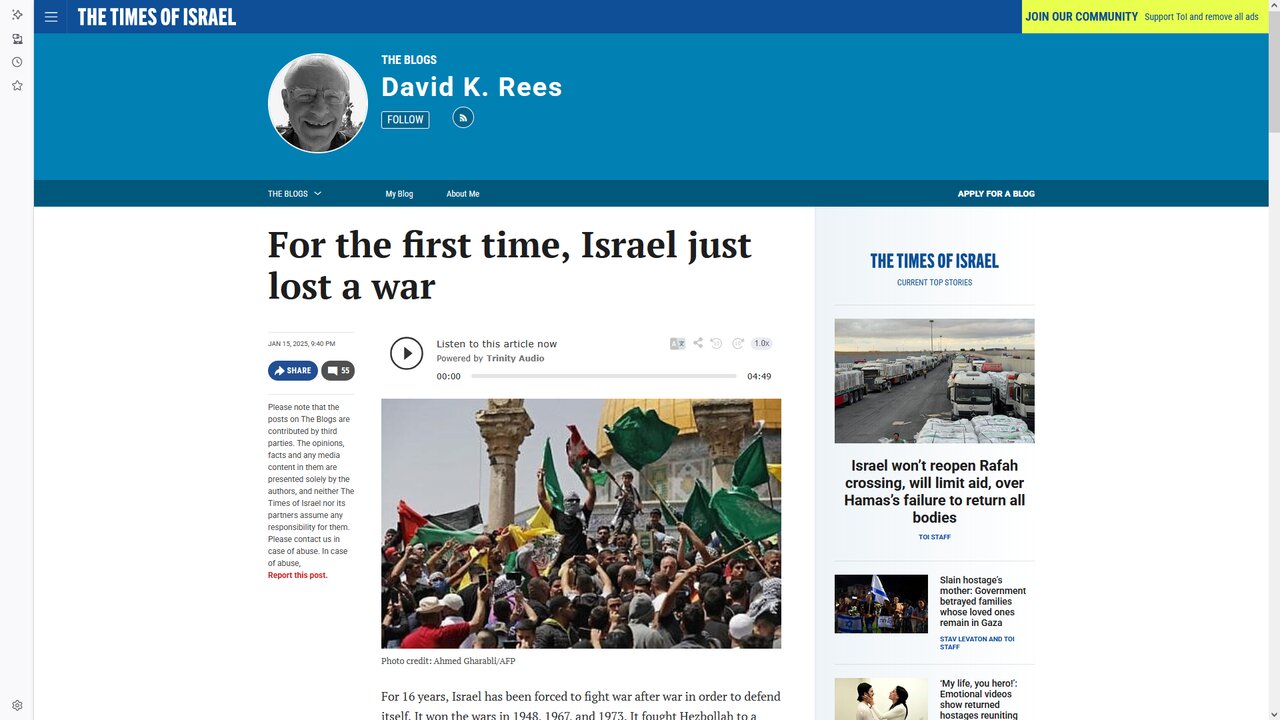 Times of Israel﻿ yazarı: İsrail, savaşta ilk kez yenilgiye uğradı