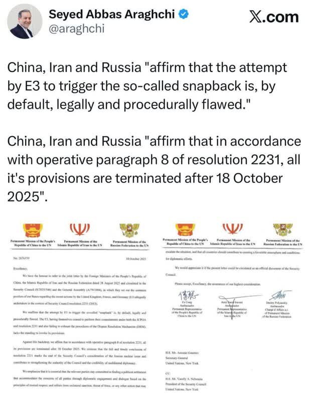 Abbas Araghchi, binigyang-diin ng China, Iran, at Russia sa isang liham sa UN na ang pagsisikap ng tatlong bansang Europeo na buhayin ang mekanismong