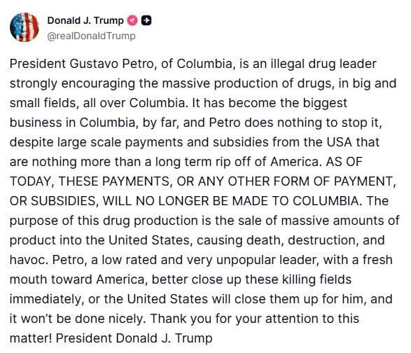 トランプ氏による麻薬疑惑の再燃、今度はコロンビア大統領に対して
