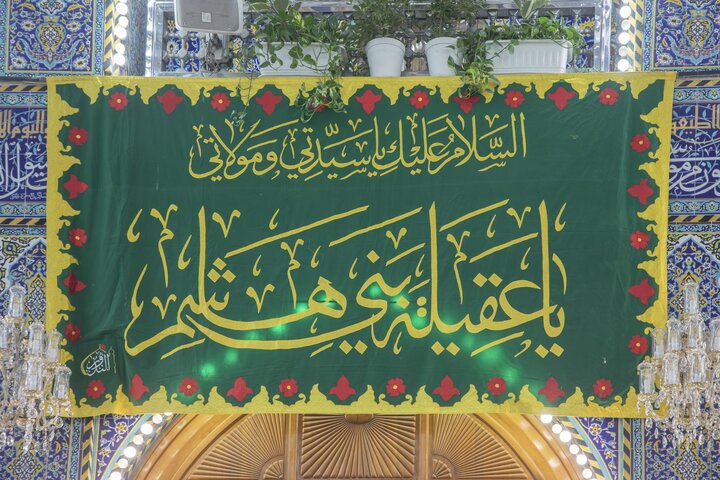 تقرير مصور/ الصحن الشريف في العتبة العباسية المقدسة ينشر لافتات احتفائية بذكرى ولادة السيدة زينب (ع)