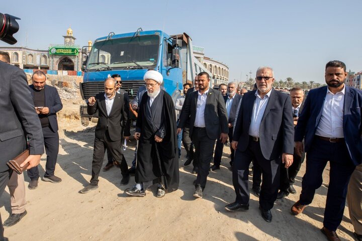 Informe fotográfico | El Sheikh Mahdi al-Karbalai realiza una inspección in situ de los avances en el Proyecto del Patio del Imam Hassan (la paz sea con él)