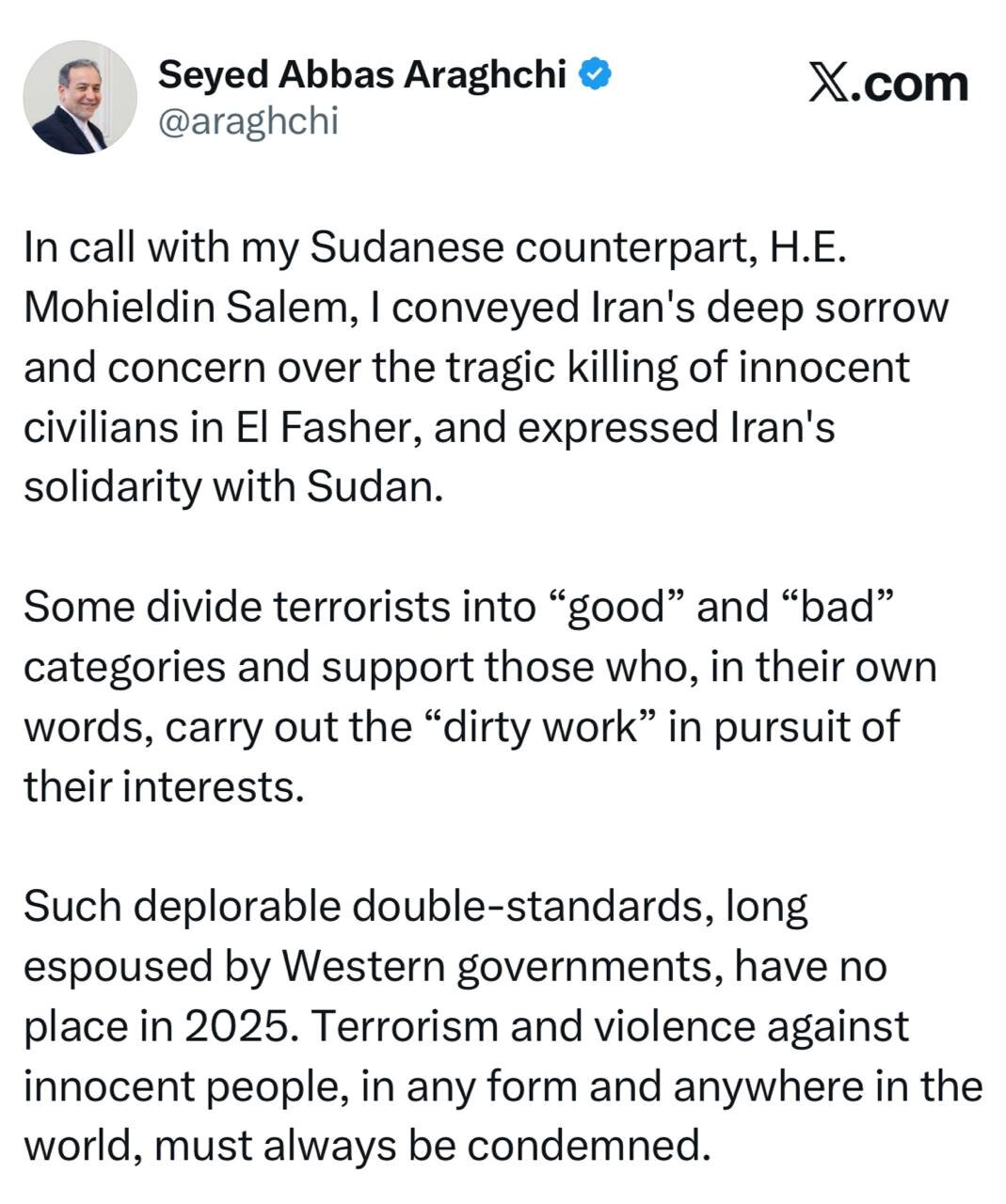 واکنش سید عباس عراقچی به کشتار غیرنظامیان در سودان: تروریسم در هر شکل و هرجا محکوم است