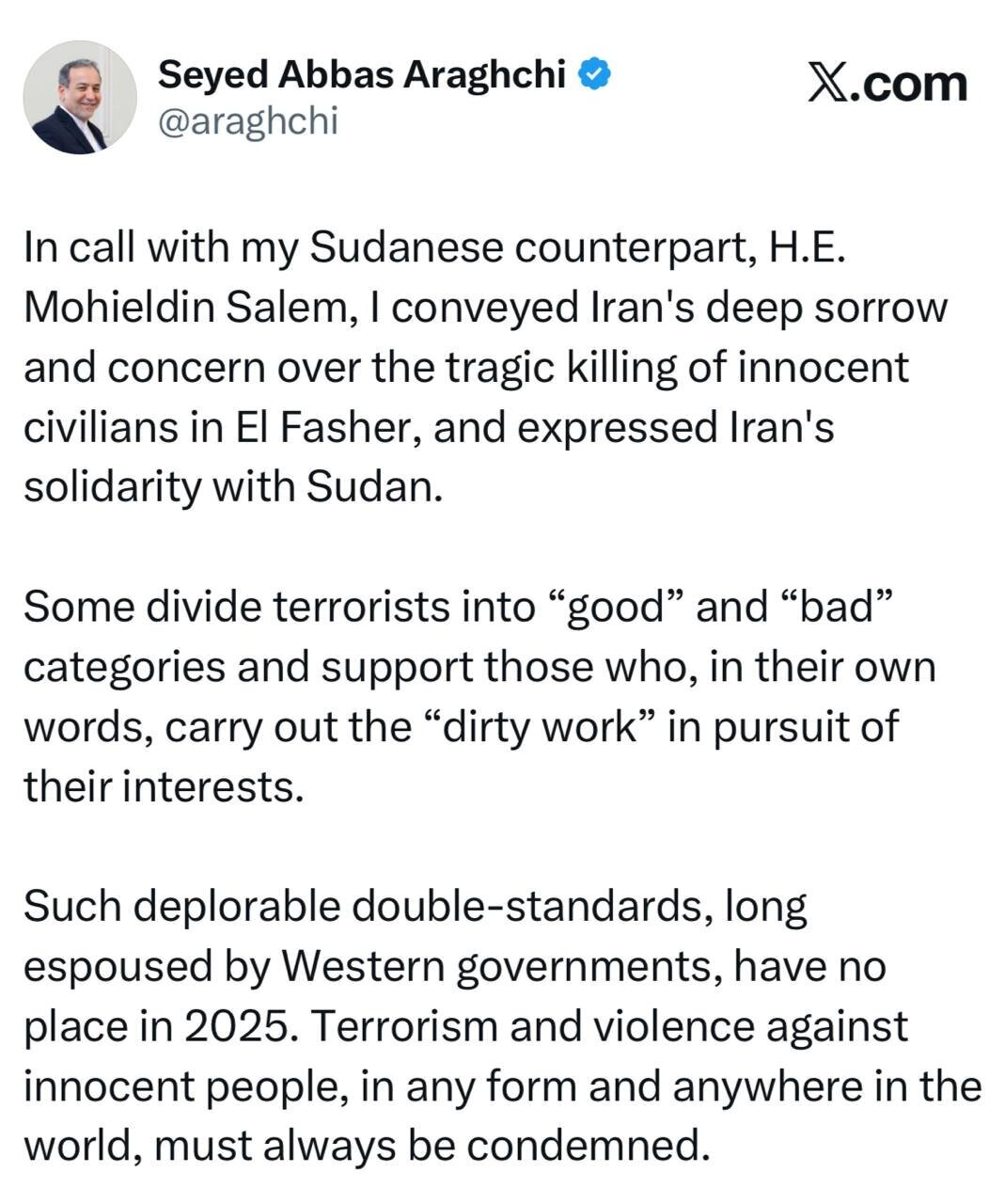 Berteka Seyîd Ebas Eraqçî li hember kuştina sivîlan li Sûdanê: Terorîzm bi her awayî û li her derê tê şermezarkirin