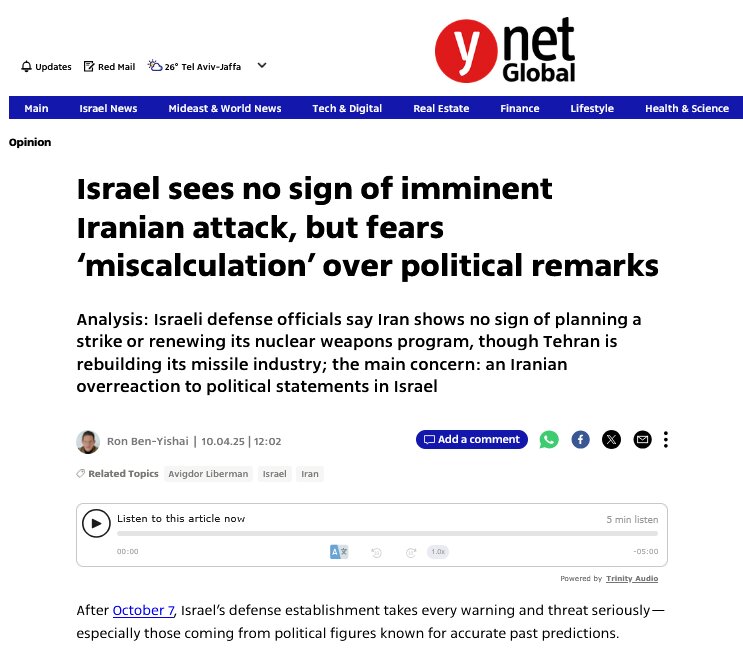 Mula sa Yedioth Ahronoth tungkol sa kakayahang pangmisil at panrehiyon ng Iran