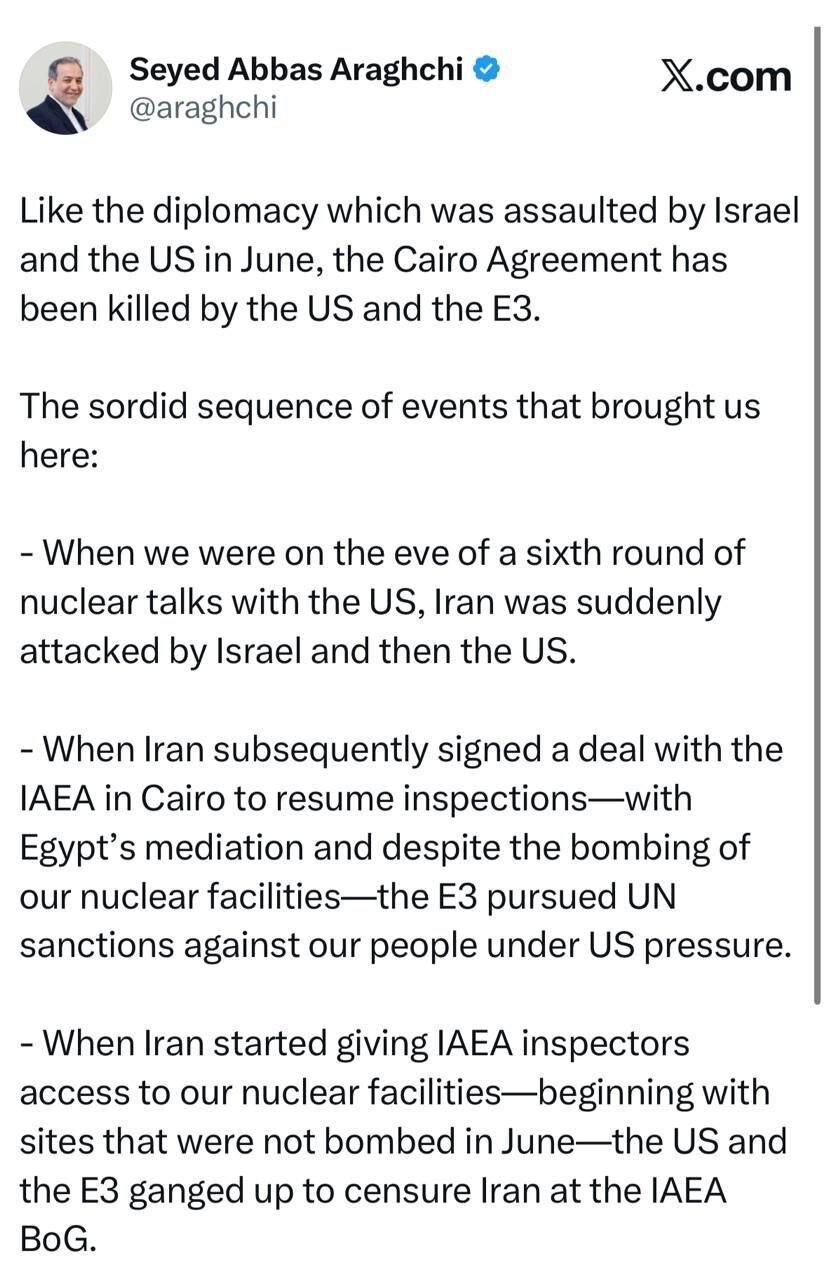 عراقچی: پایان توافق قاهره نتیجه تحریکات آمریکا و سه کشور اروپایی است