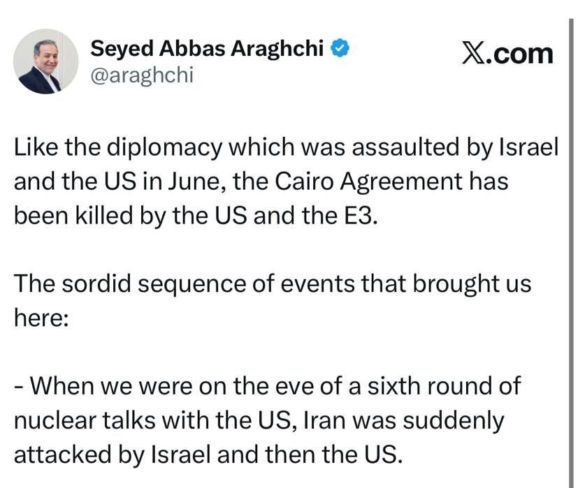 عراقچی: پایان توافق قاهره نتیجه تحریکات آمریکا و سه کشور اروپایی است