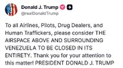 Idineklara ni Trump na “sarado” ang himpapawid ng Venezuela at mga karatig-rehiyon nito