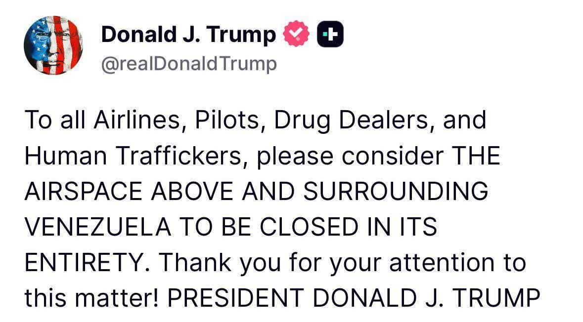 Idineklara ni Trump na “sarado” ang himpapawid ng Venezuela at mga karatig-rehiyon nito