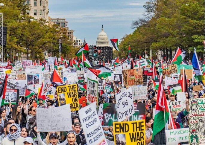 راهپیمایی حامیان فلسطین از مقابل انجمن اسلامی بالتیمور آمریکا + تصاویر