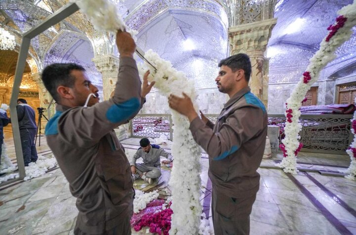 تقرير مصور/ نشر معالم الزينة والورود الطبيعية في حرم أمير المؤمنين (ع) بمناسبة ولادة السيدة الزهراء(ع)