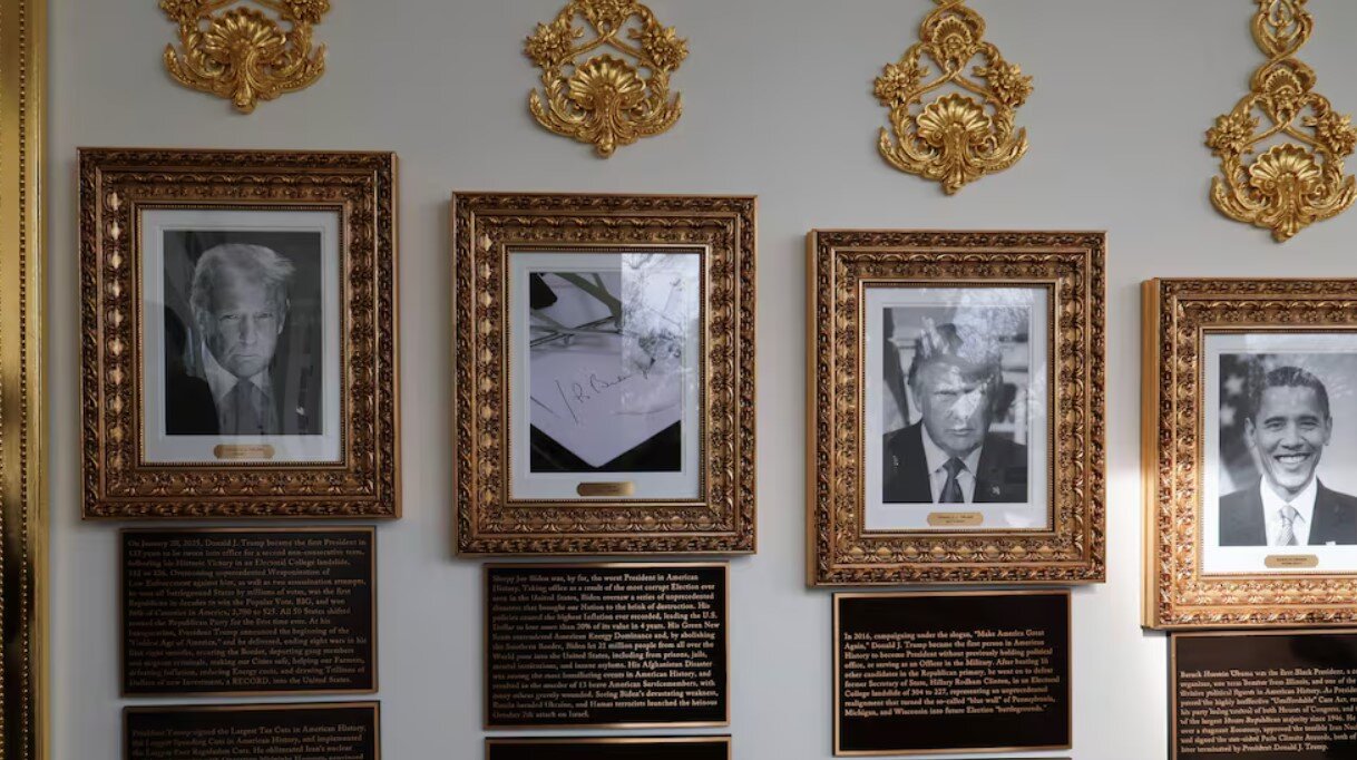 Trump instala placas ofensivas contra Biden y Obama en la Casa Blanca y defiende su economía con datos inexactos