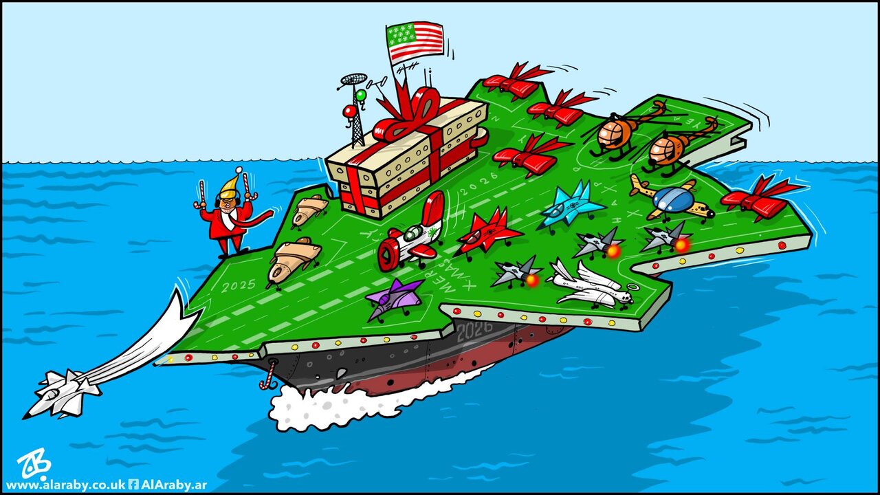 Cartoon / “Happy Escalation”; A Satirical Critique of Militarized Festivities and American Global Power
