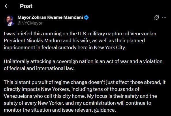 Nyu-York meri Trampın Venesuelaya qarşı birtərəfli hücumuna cavab verdi