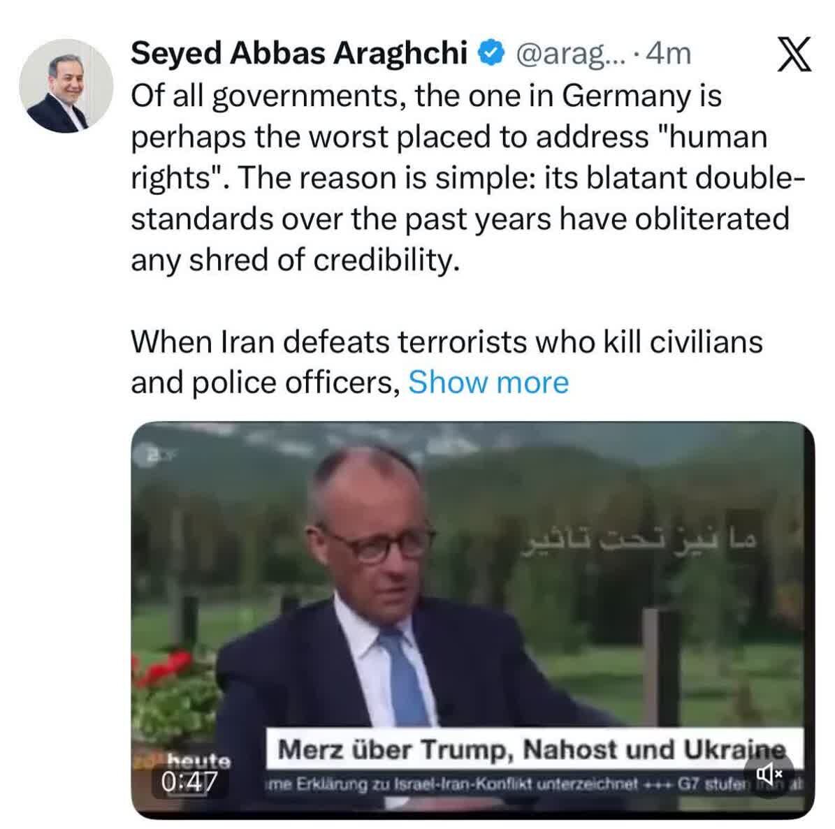 عراقچی خطاب به صدراعظم آلمان: کمی هم شرم داشته باشید