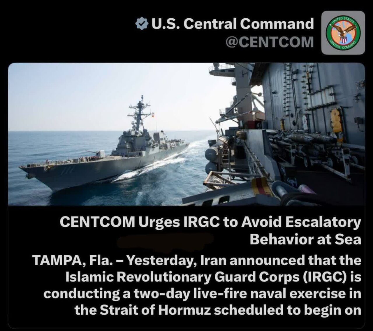 Pag-aalala ng Hukbong Sandatahan ng Estados Unidos sa Isinasagawang Ehersisyong Militar ng Islamic Revolutionary Guard Corps sa Kipot ng Hormuz | Isag