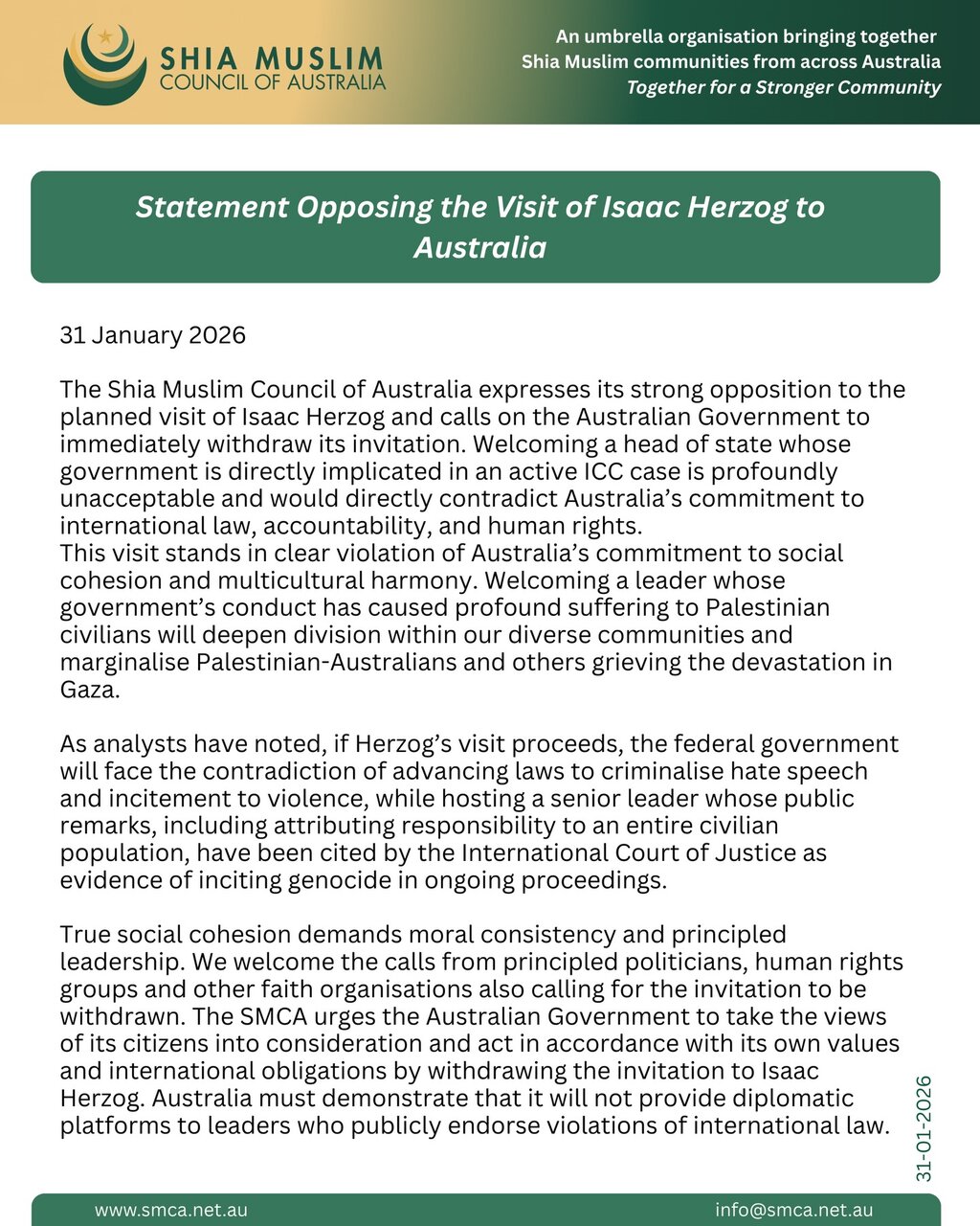 شورای شیعیان استرالیا خواستار لغو سفر رئیس رژیم صهیونیستی به کانبرا شد