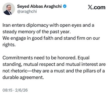 Pahayag ni Seyyed Abbas Araghchi, Ministro ng Ugnayang Panlabas ng Republikang Islamiko ng Iran, bago ang pagsisimula ng mga negosasyon sa Muscat