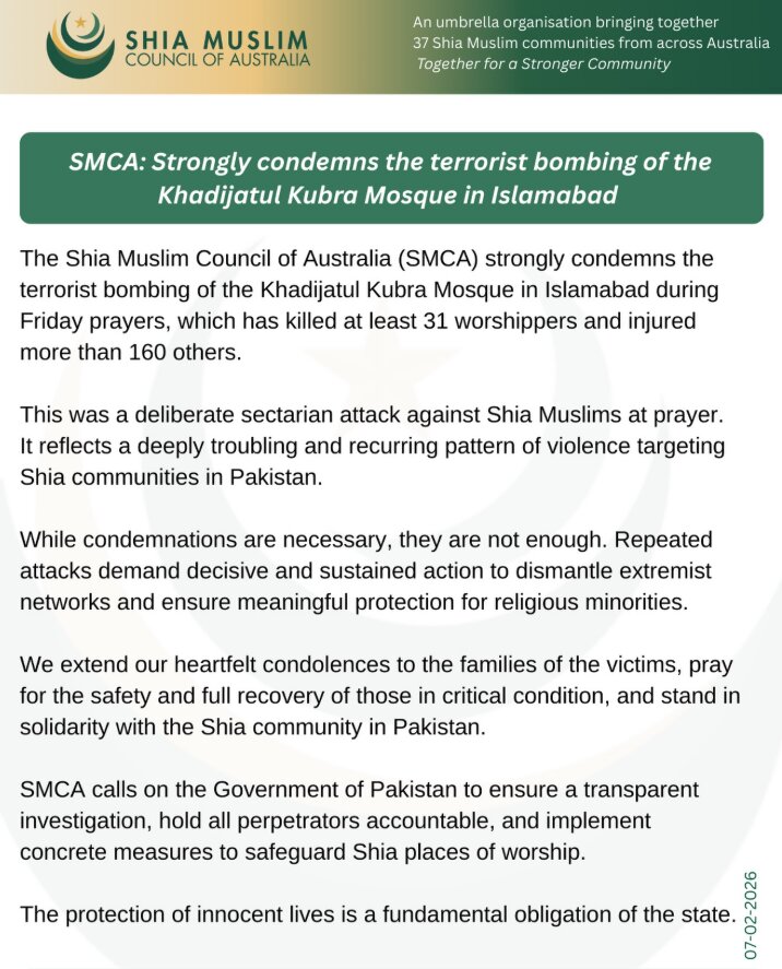 درخواست شیعیان استرالیا برای اقدام قاطع دولت پاکستان در پی حملۀ تروریستی به مسجد حضرت خدیجه(س)
