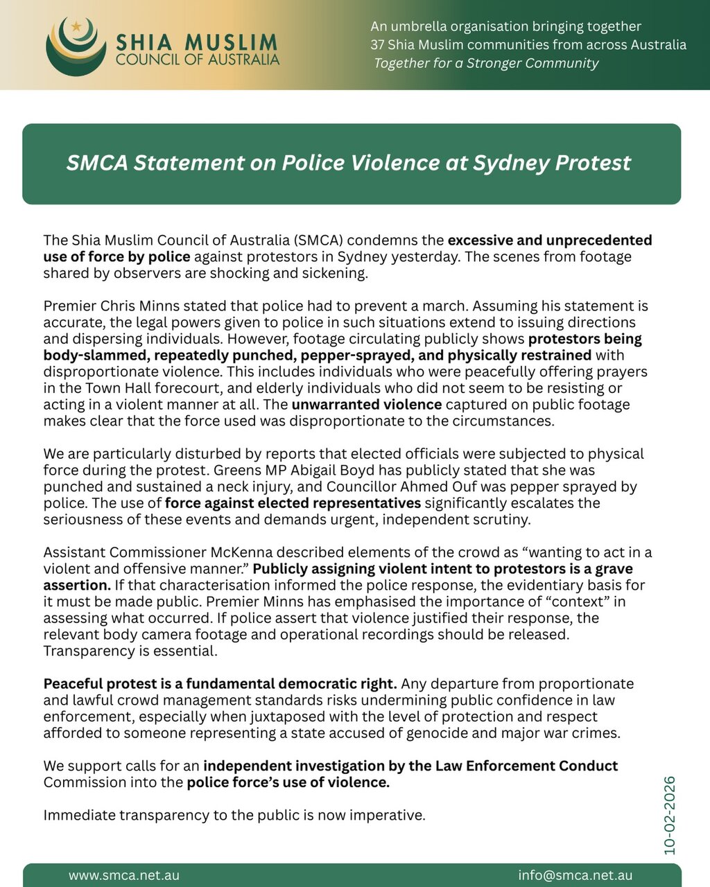 شورای شیعیان استرالیا: خشونت پلیس علیه حامیان فلسطین تکان‌دهنده بود!