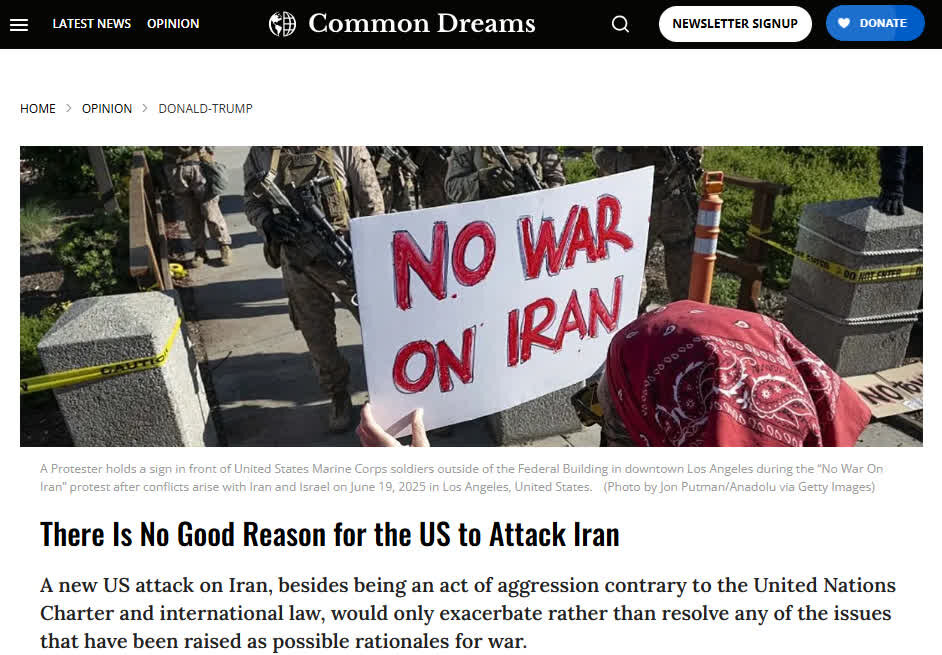 Pahayagang “Common Dreams”: Walang Makatuwirang Batayan para sa Pag-atake ng Estados Unidos laban sa Iran