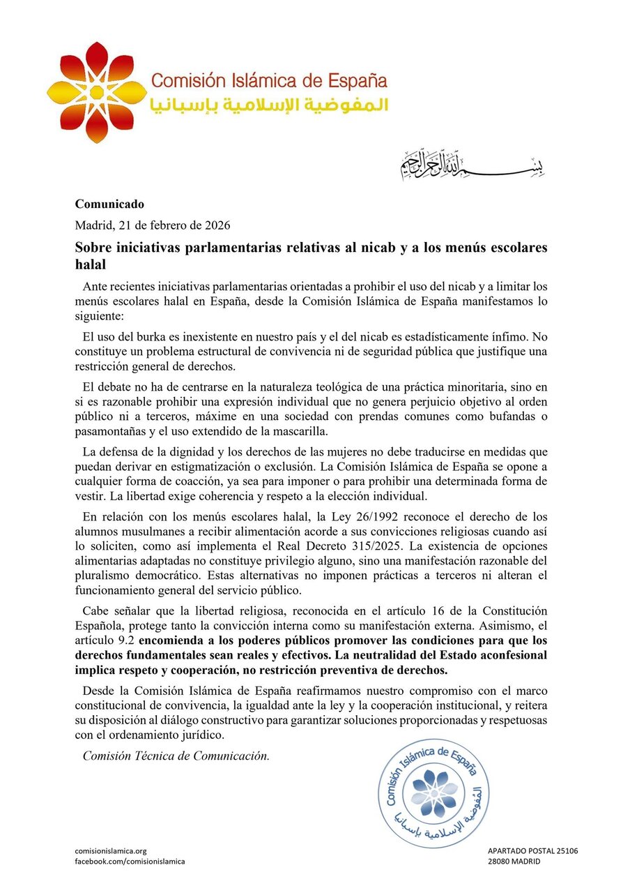بیانیه کمیسیون اسلامی اسپانیا در پی طرح ممنوعیت برقع و محدودسازی منوی غذای حلال