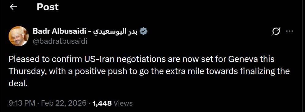 Kinumpirma ng Ministro ng Ugnayang Panlabas ng Oman ang susunod na yugto ng negosasyon sa pagitan ng US at Iran ay sa Huwebes