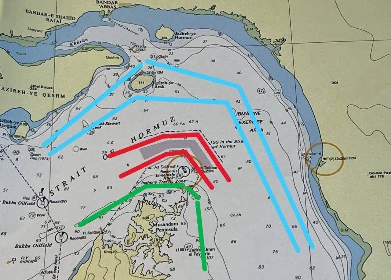 Larawan ng 3 umiiral na ruta sa Strait of Hormuz