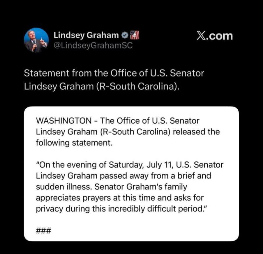 Biglaang pagkamatay ni Lindsey Graham, senador ng Amerika na laban sa Iran at Republikano