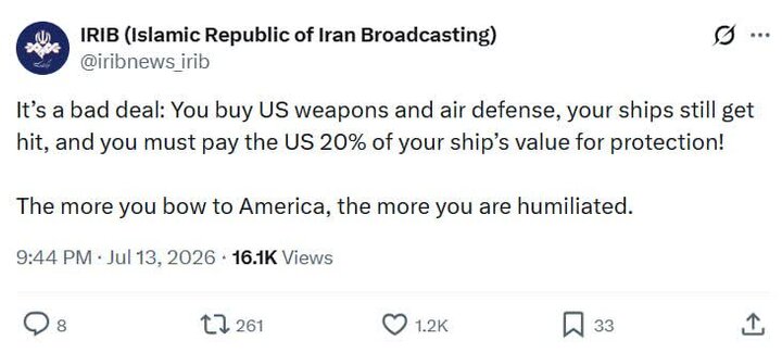 Mapang-uyam na Mensahe ng X Account ng IRIB sa Ilang mga Bansa sa Persian Gulf: