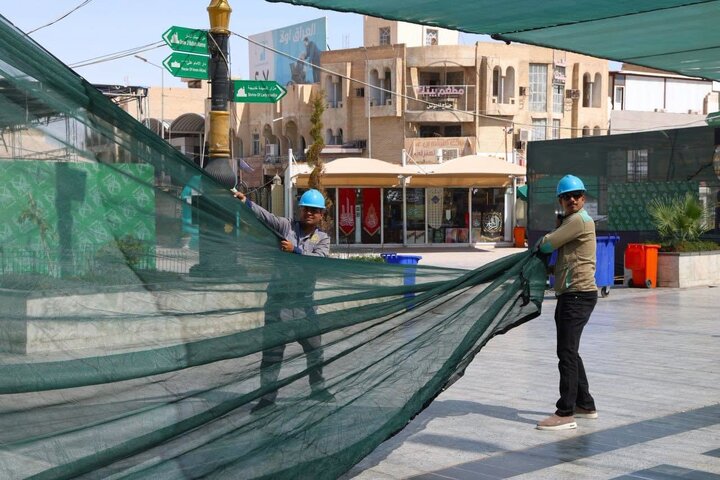 تقرير مصور/ تظليل 6000 متر مربع في مسجد الكوفة استعداداً لأيام الأربعين