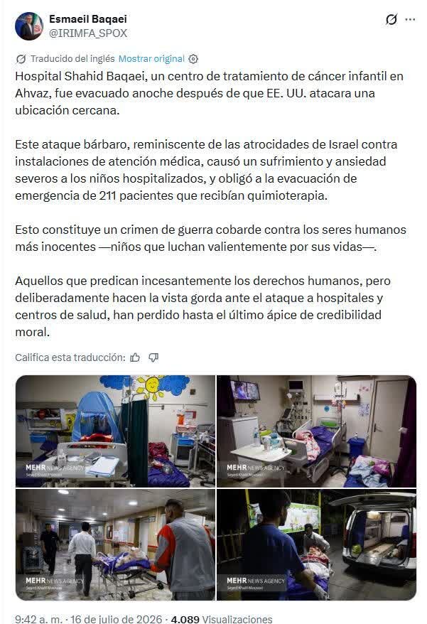 Irã condena "ataque selvagem" dos EUA contra hospital infantil em Ahvaz