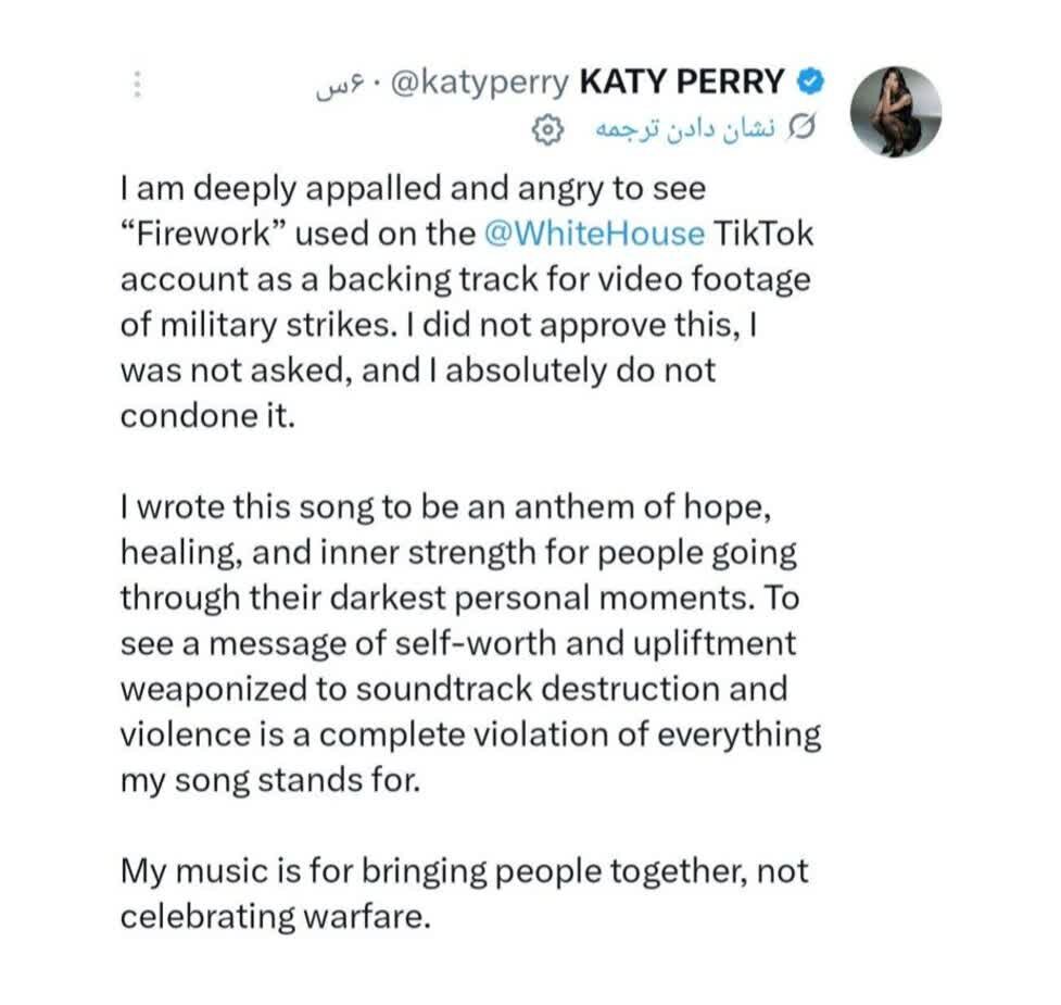 Protesta ni Katy Perry sa White House dahil sa paggamit ng kanyang kanta sa video ng military attacks