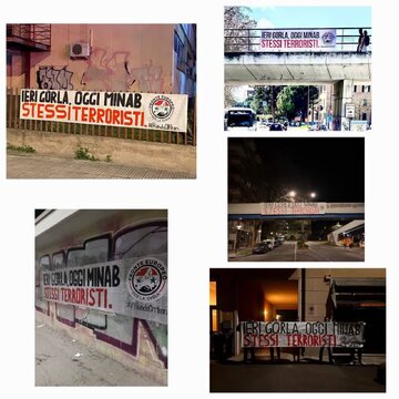 Malawakang pagsulat ng slogan sa Italya:
"Kahapon Gorla, ngayon Minab,
ang terorista ay iisa!"
