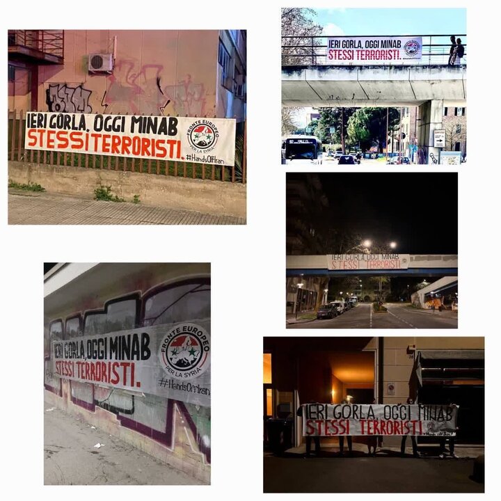 Malawakang pagsulat ng slogan sa Italya:
"Kahapon Gorla, ngayon Minab,
ang terorista ay iisa!"