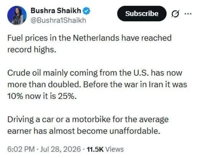 Tagapagbalita ng BBC: Ang presyo ng gasolina sa Netherlands ay umabot sa pinakamataas na antas nito