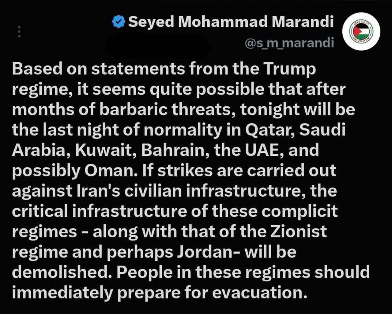 Babala ni Marandi sa mga bansa sa Persian Gulf: Ngayong gabi ang huling gabi ng normal na buhay